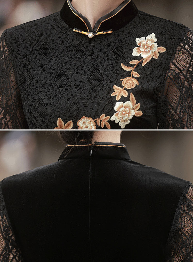 Black Embroidered Velvet Mothers Qipao Cheongsam Dress
