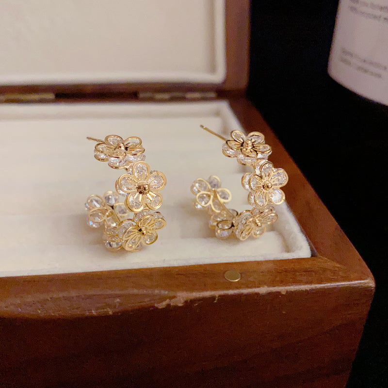 S925 Silver Zirconia Plated Flower Hoop Earrings
