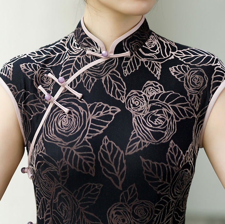 Black Floral Velvet Maxi Cheongsam Qipao Dress