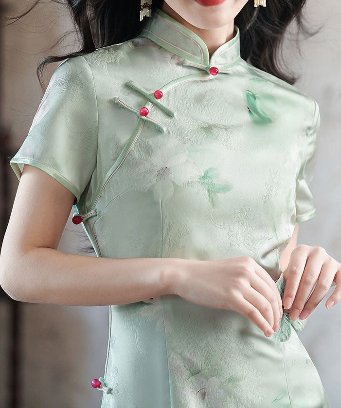 Green Jacquard Floral Cheongsam Qipao Dress