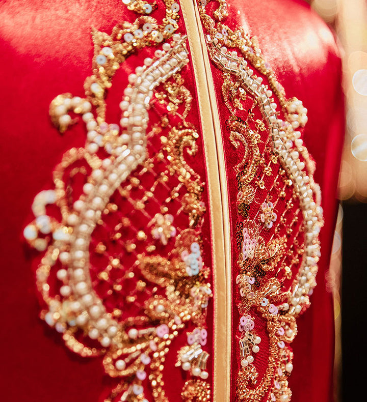 Red Beads Appliques Traditional Man Groom Wedding Coat