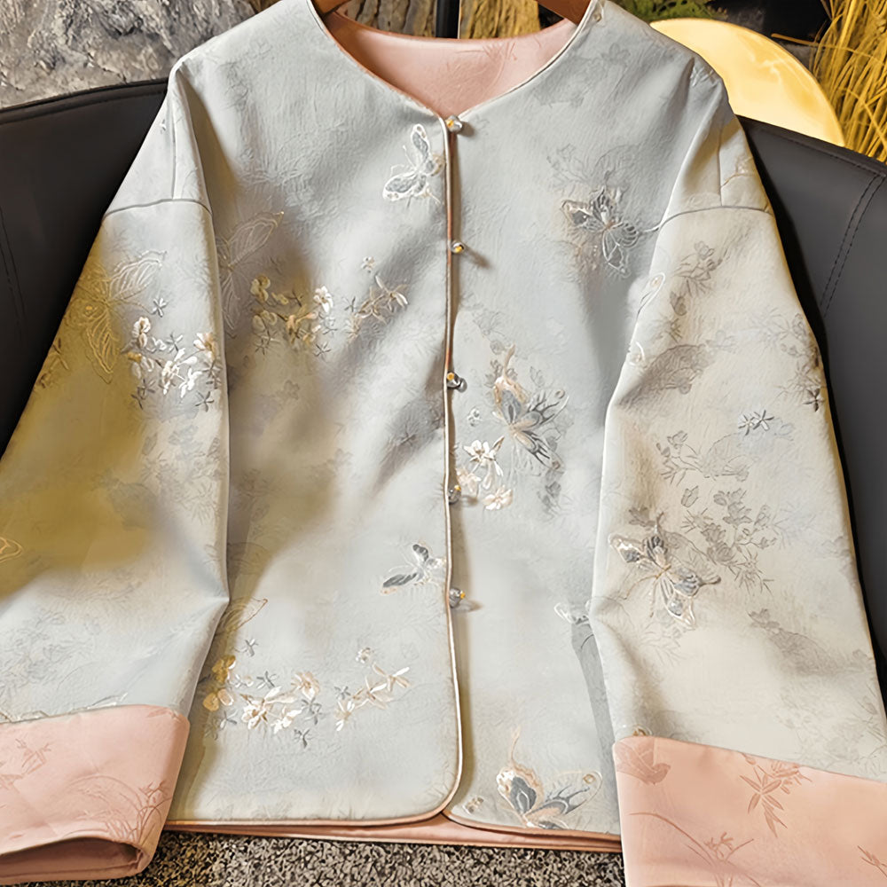 Blue Pink Embroidered Cheongsam Jacket Blouse