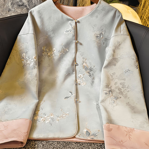 Blue Pink Embroidered Cheongsam Jacket Blouse