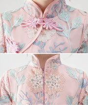 Blue Pink Embroidered Flower Girl Cheongsam Dress