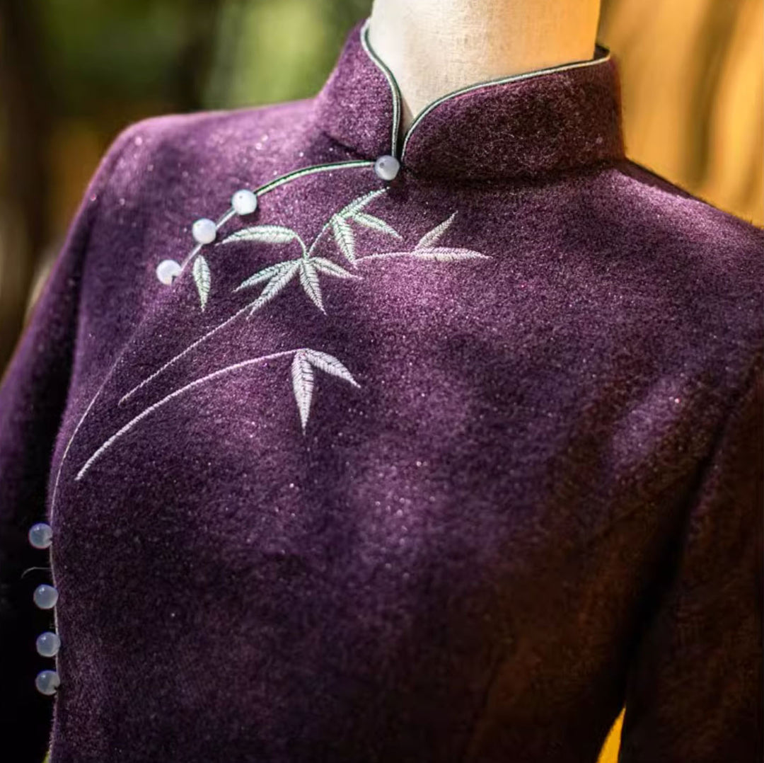 Purple Embroidered Mothers Winter Qipao Cheongsam Dress