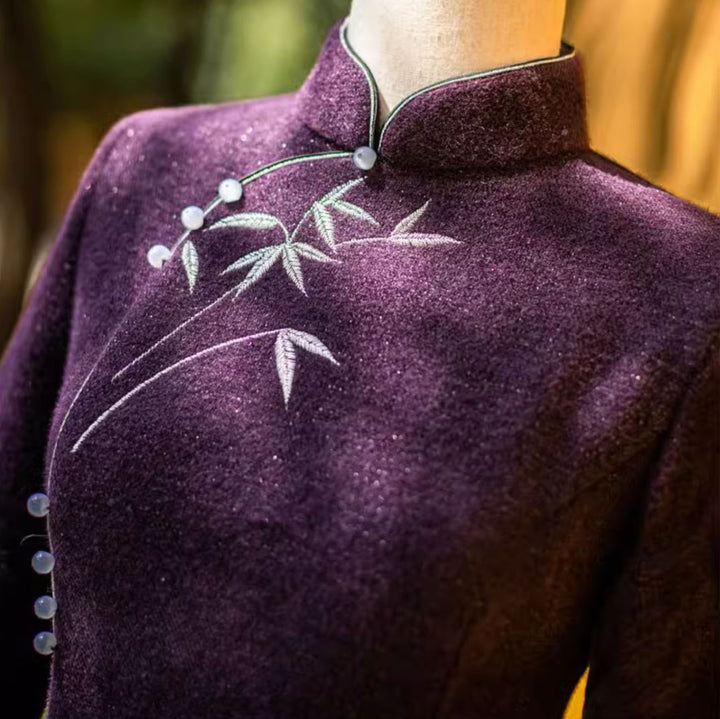 Purple Embroidered Mothers Winter Qipao Cheongsam Dress