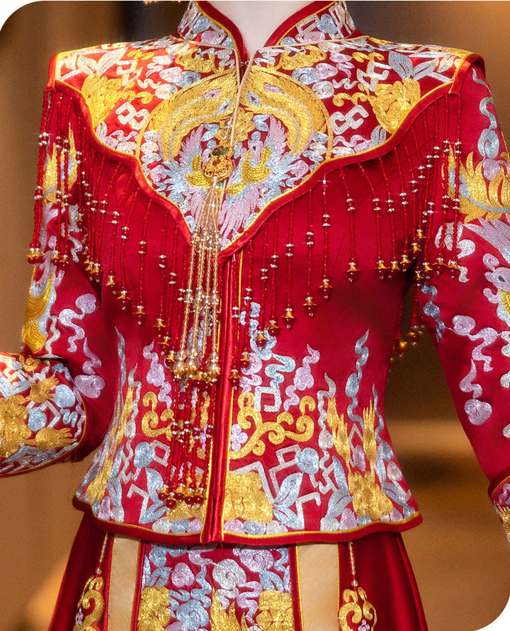 2025 Embroidered Phoenix Dragon Wedding Bride Qun Gua Xiuhe