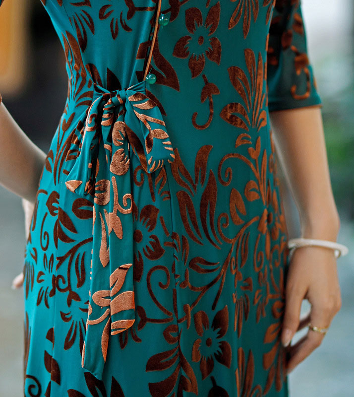 Blue Floral Velvet Belt Mothers A-Line Cheongsam Qipao Dress