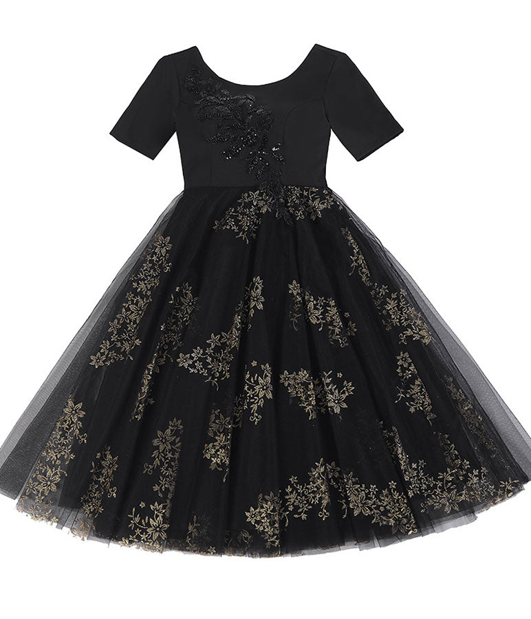 Black Floral Tulle Midi A-Line Prom Dress
