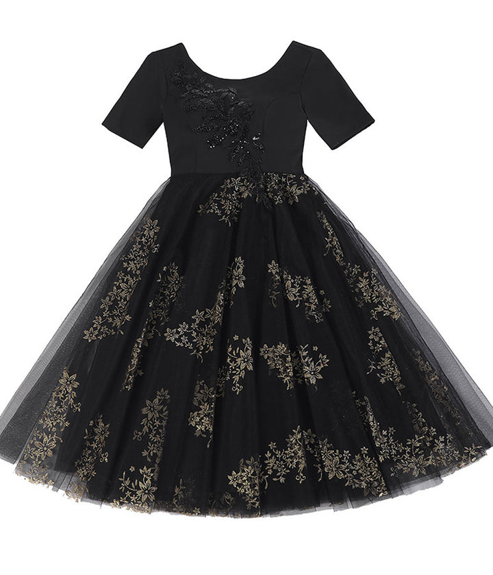 Black Floral Tulle Midi A-Line Prom Dress