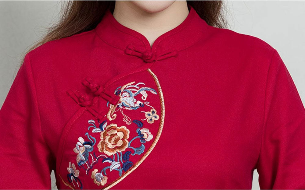 Red Embroidered Linen Qipao Cheongsam Blouse Top