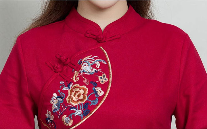 Red Embroidered Linen Qipao Cheongsam Blouse Top