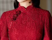 Red Lace Flutter Sleeve Wedding Cheongsam Qipao Dress