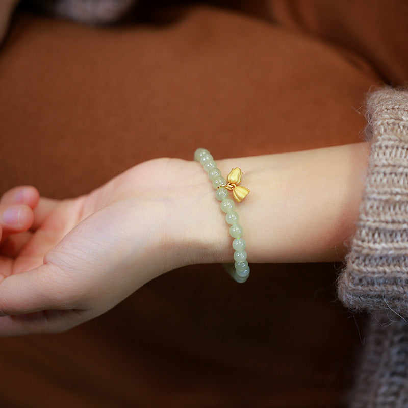 Green Jade Beads Silver Lotus Pendant Woman Bracelets
