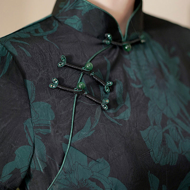 Green Red Mothers Floral A-Line Cheongsam Qipao Dress