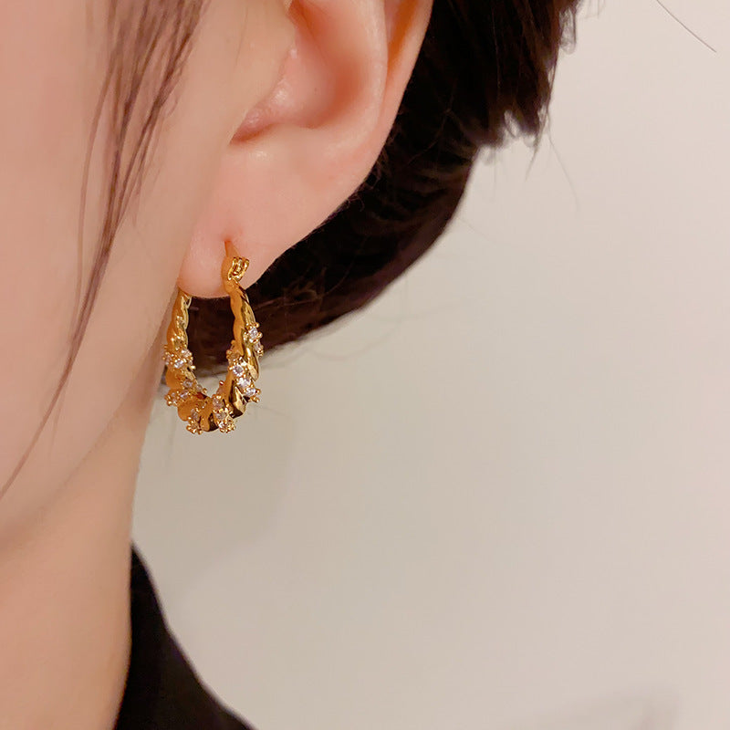 Gold Plated Zirconia Twisted Rope Rhinestone Hoop Earrings