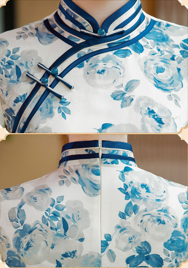 White and Blue Floral Print Cheongsam Qi Pao Dress