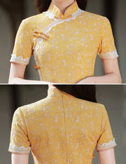 Yellow Floral Lace Midi Cheongsam Qi Pao Dress