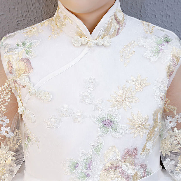White Pink Embroidered Flower Girl Tulle Cheongsam Dress
