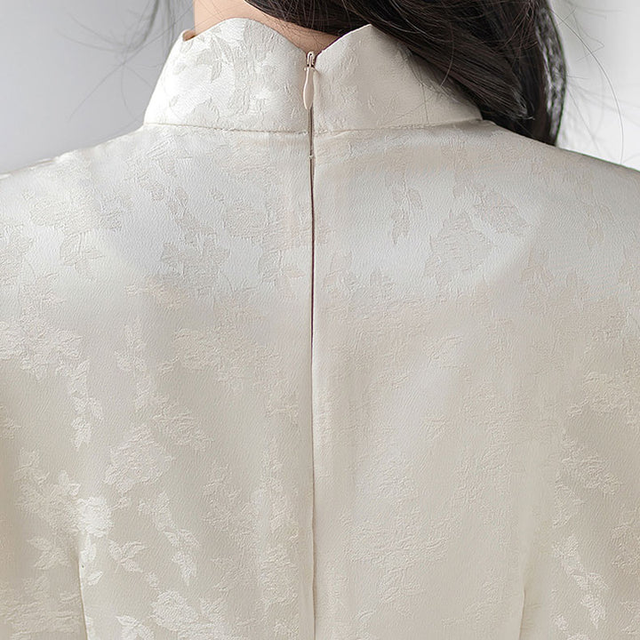 White Jacquard Floral Long Cheongsam Qipao Dress