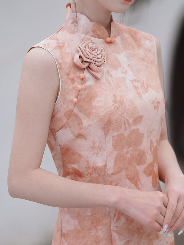 Pink Floral Sleeveless Cheongsam Qipao Dress