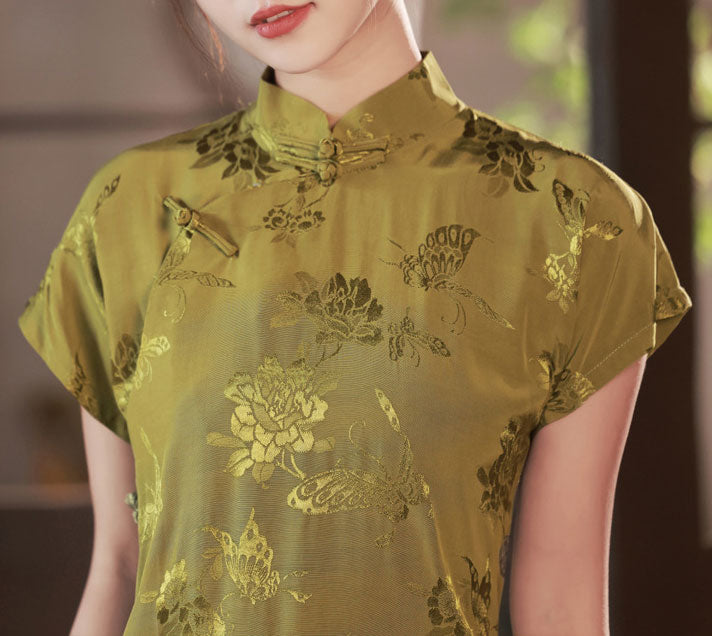 2023 Green Jacquard Butterfly Cheongsam Qipao Dress