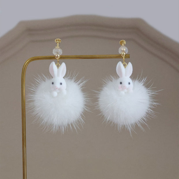 Chinese Zodiac Fluffy Rabbit Clip On Pierced Drop Dangle Earrings