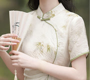 Beige Bamboo Print Pleat Midi Cheongsam Qipao Dress