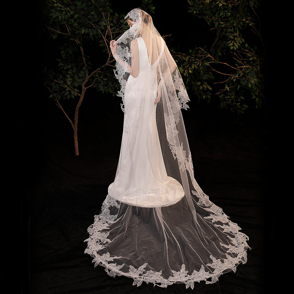 White Long Cathedral Wedding Lace Edge Veil Without Comb