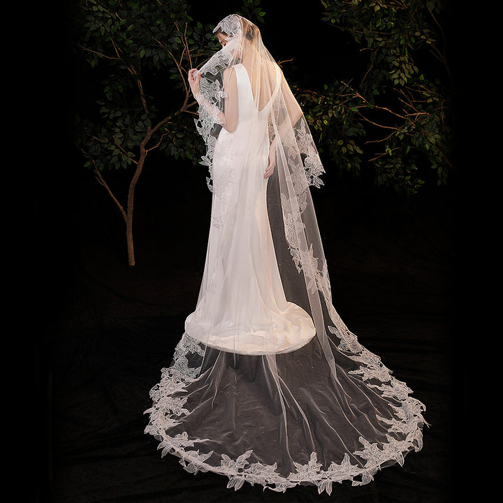 White Long Cathedral Wedding Lace Edge Veil Without Comb