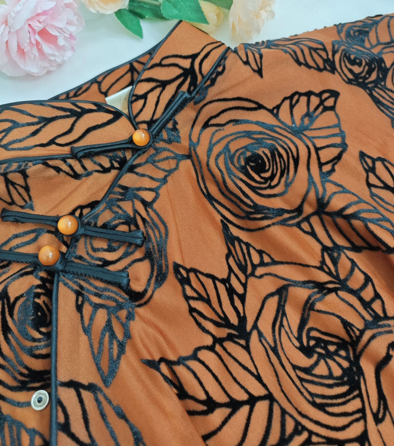 Coffee Floral Print Cheongsam Qipao Dress