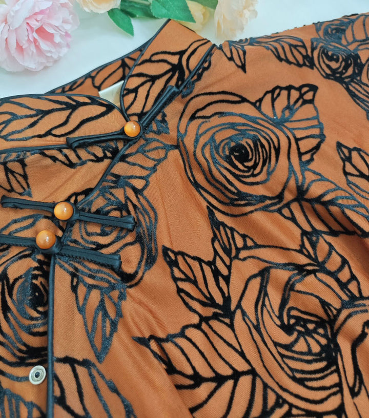 Coffee Floral Print Cheongsam Qipao Dress