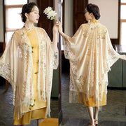 Red Beige Lace Tassels Cheongsam Wrap Shawl