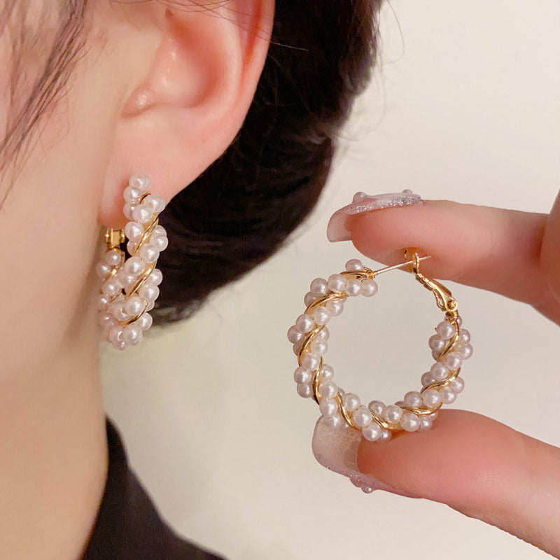 Gold Plated Rhinestone Pearls Hoop Earrings