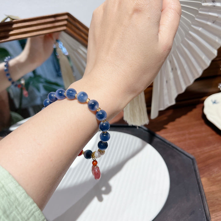 Blue Agate Beads Safety Buckle Pendant Woman Bracelets