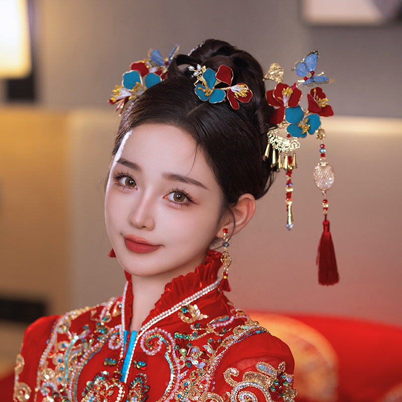 3 Pcs Bridal Red Blue Flower Hairpins Clips & Earrings