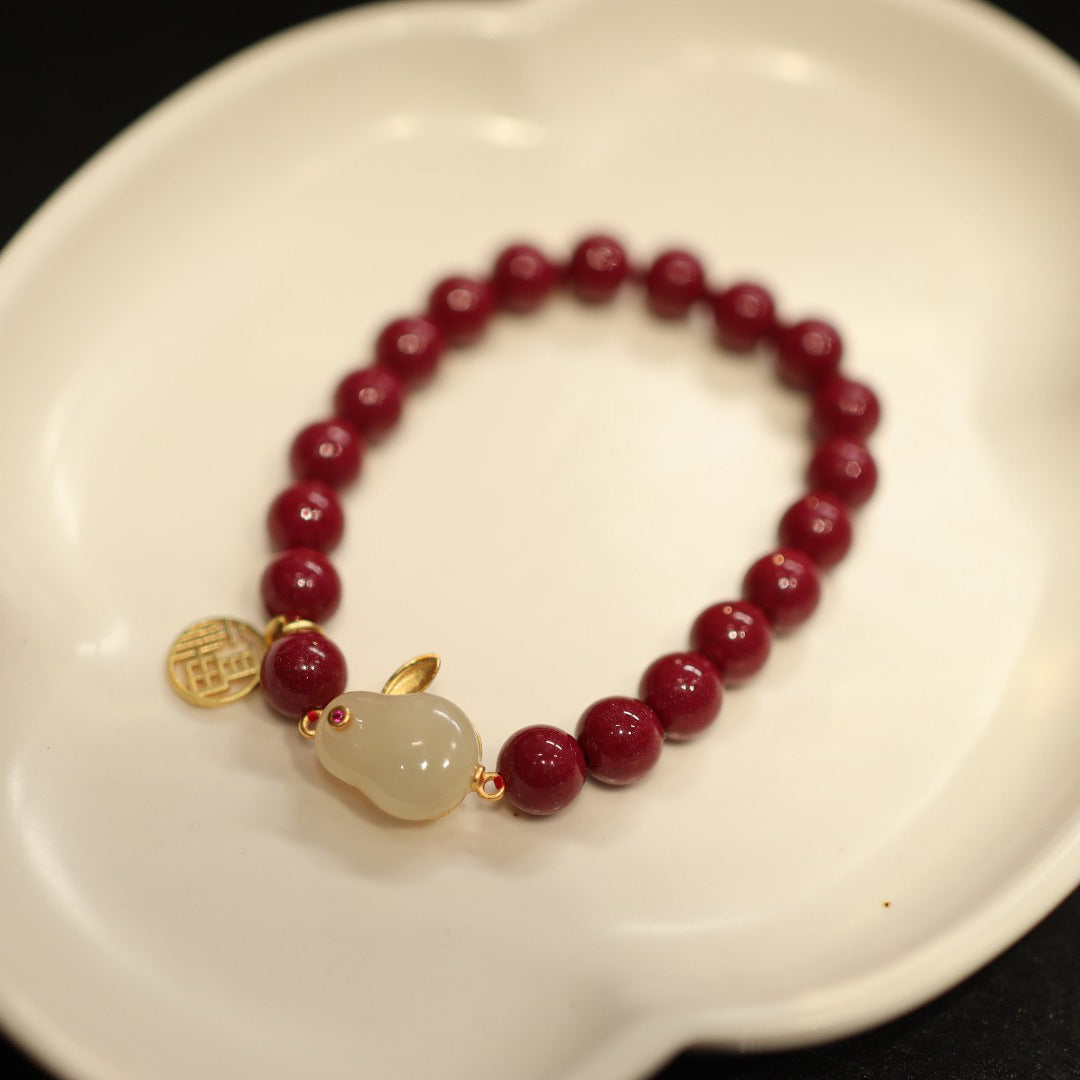 Cinnabar Silver Chinese Zodiac Rabbit Woman Beads Bracelets