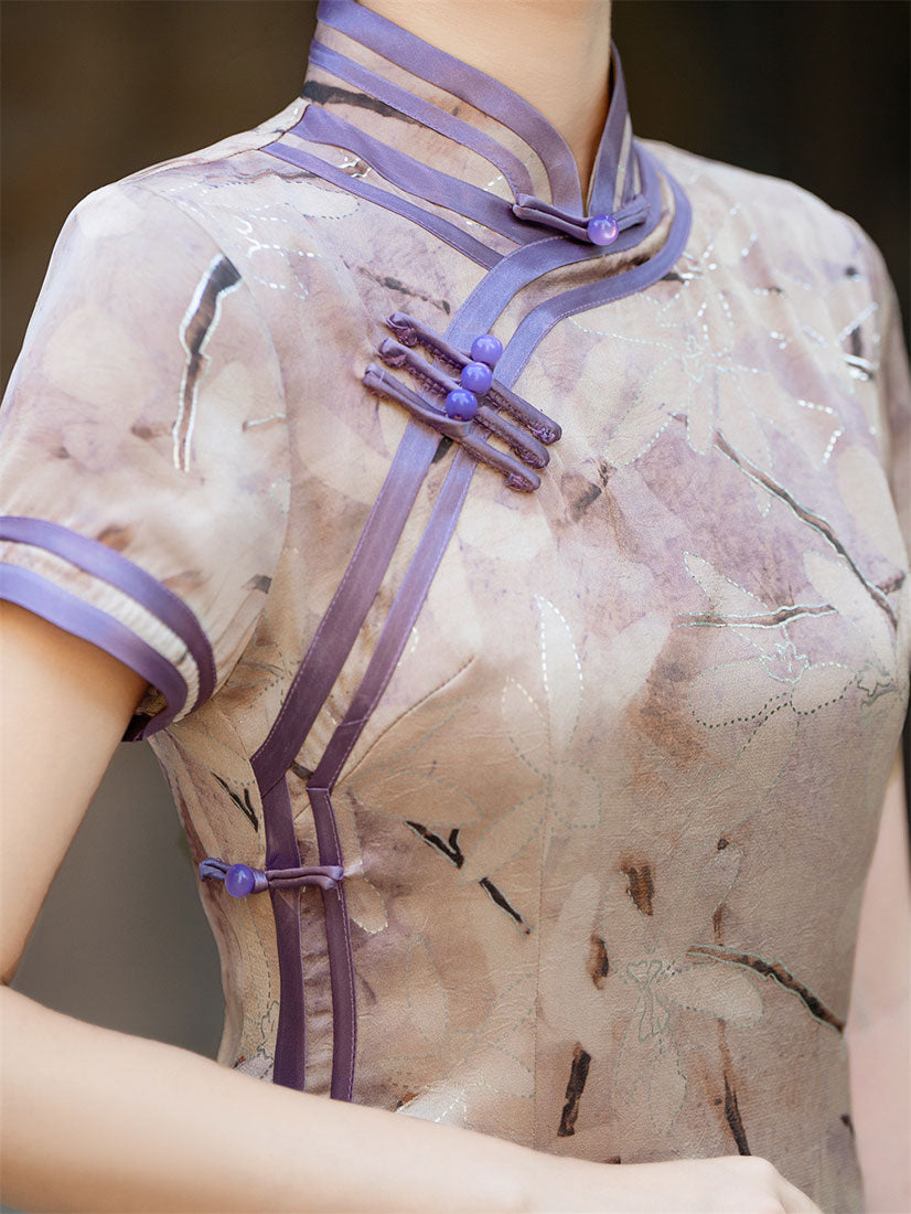 Shimmer Floral Print Maxi Cheongsam Qipao Dress