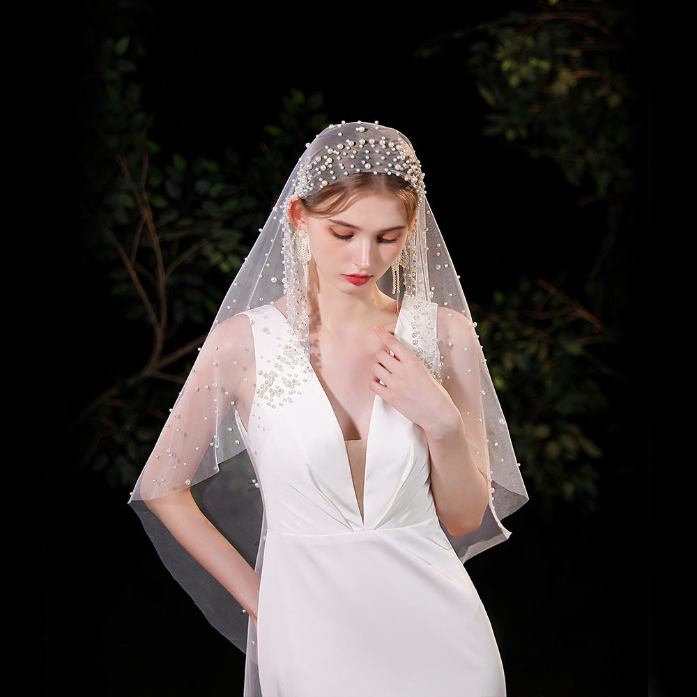 One Tier Wedding Bridal Pearls Veil Without Comb