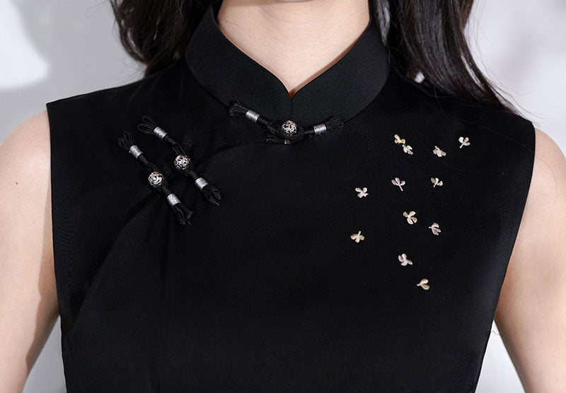 Black Embroidered Floral Cheongsam Qipao Dress