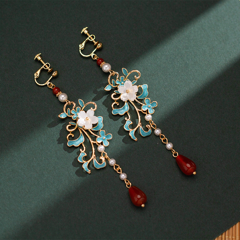 Alloy Flower Agate Drop Clip On Dangle Earrings
