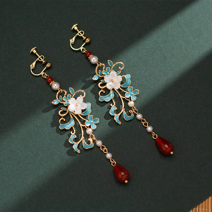 Alloy Flower Agate Drop Clip On Dangle Earrings