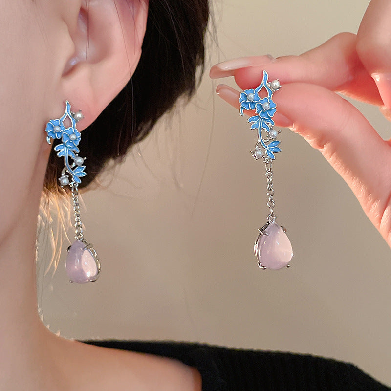 Pink Jade Alloy Flower Dangle Drop Earrings