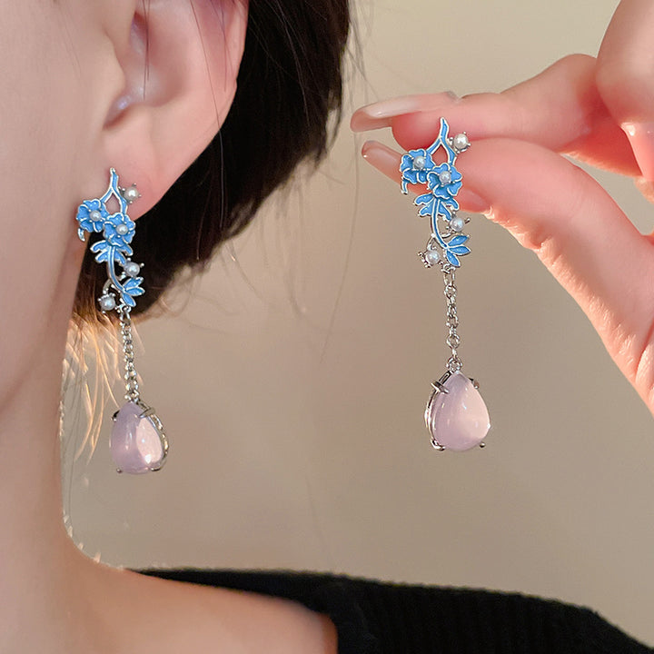 Pink Jade Alloy Flower Dangle Drop Earrings