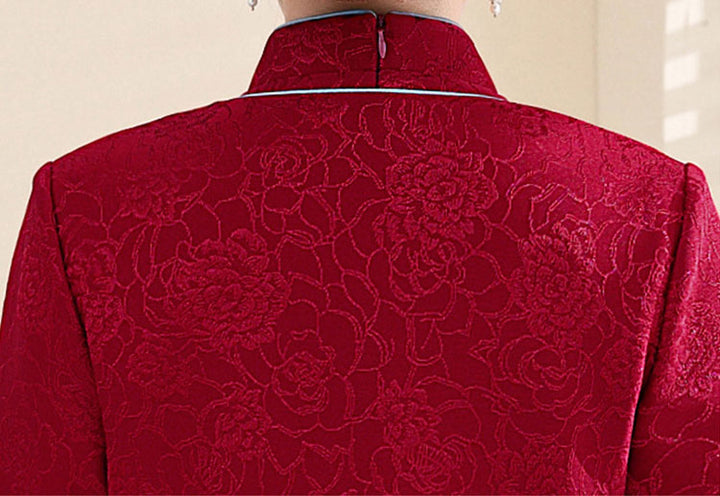 2 Pieces Red Bride Mothers Jacquard Cheongsam Qipao Dress & Jacket