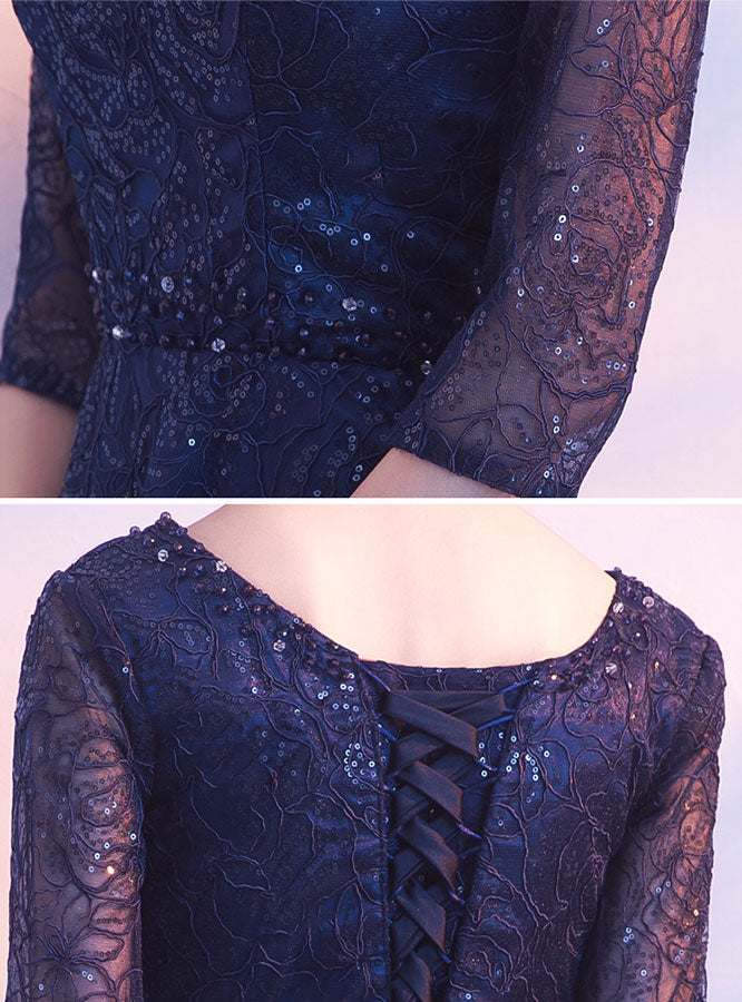 Sequined Blue Lace Midi A-Line Mothers Midi Party Dress