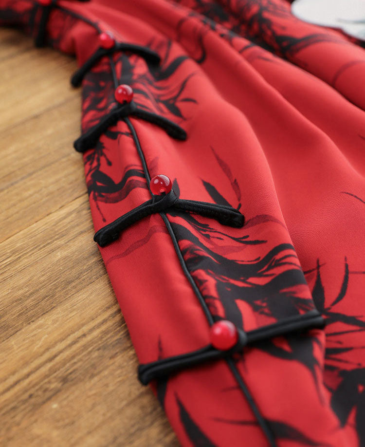 Red Bamboo Print Midi Cheongsam Qipao Dress