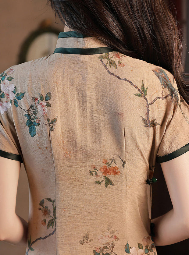 Summer Floral Linen Tea Cheongsam Qipao Dress