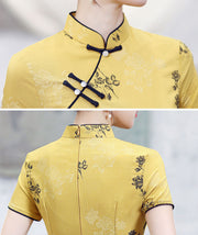 Yellow Floral Linen Cheongsam Qipao Dress