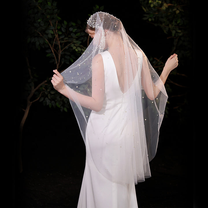 One Tier Wedding Bridal Pearls Veil Without Comb